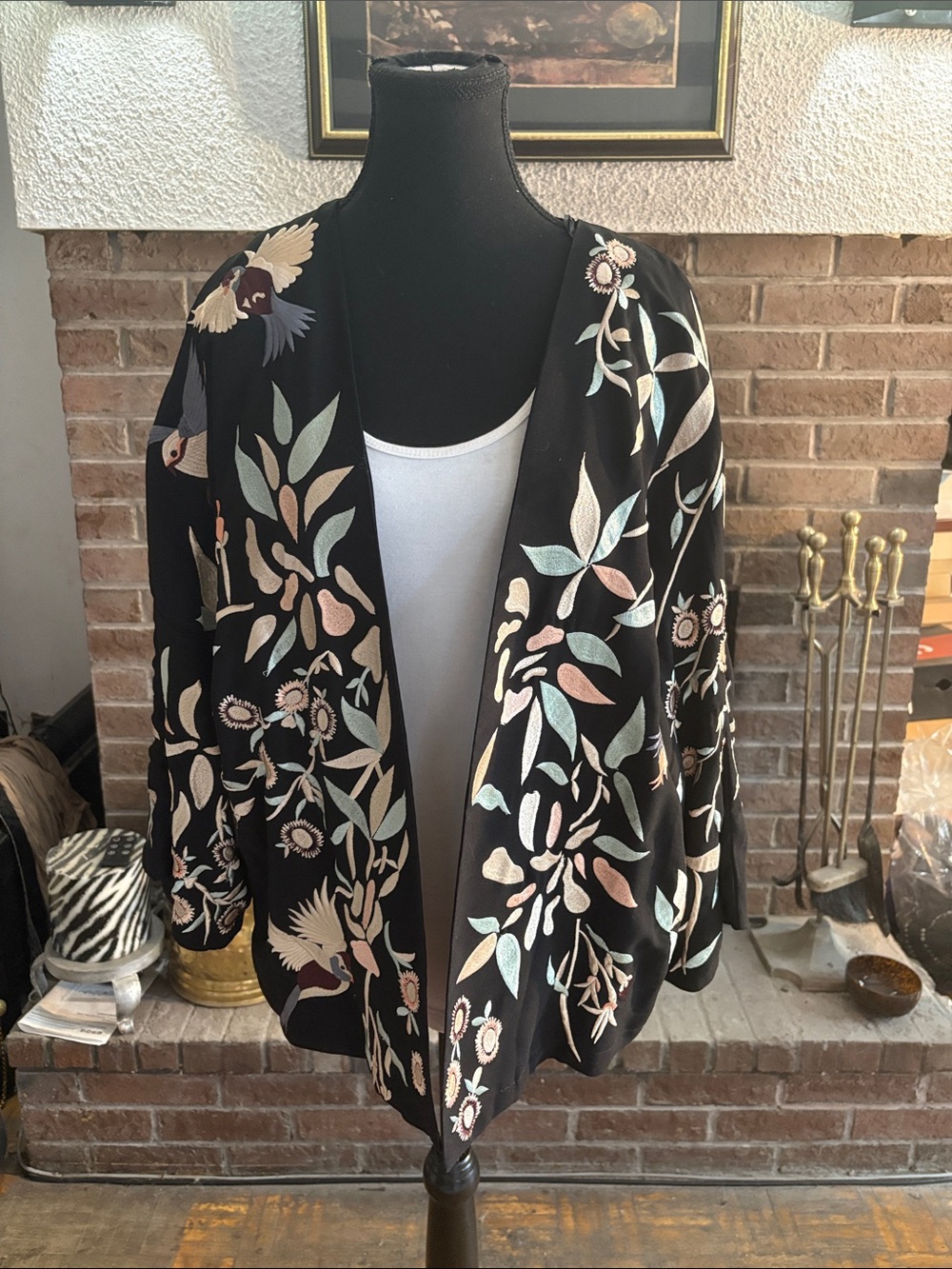Zara Black Open-Front Jacket with Pastel Floral Embroidery
